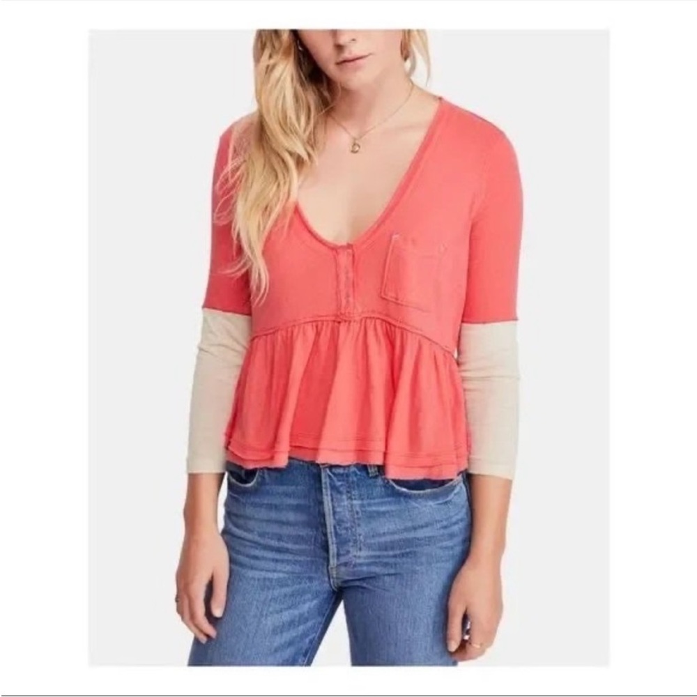 Free People Coral Pink Peplum Henley Top with Cream Sleeves